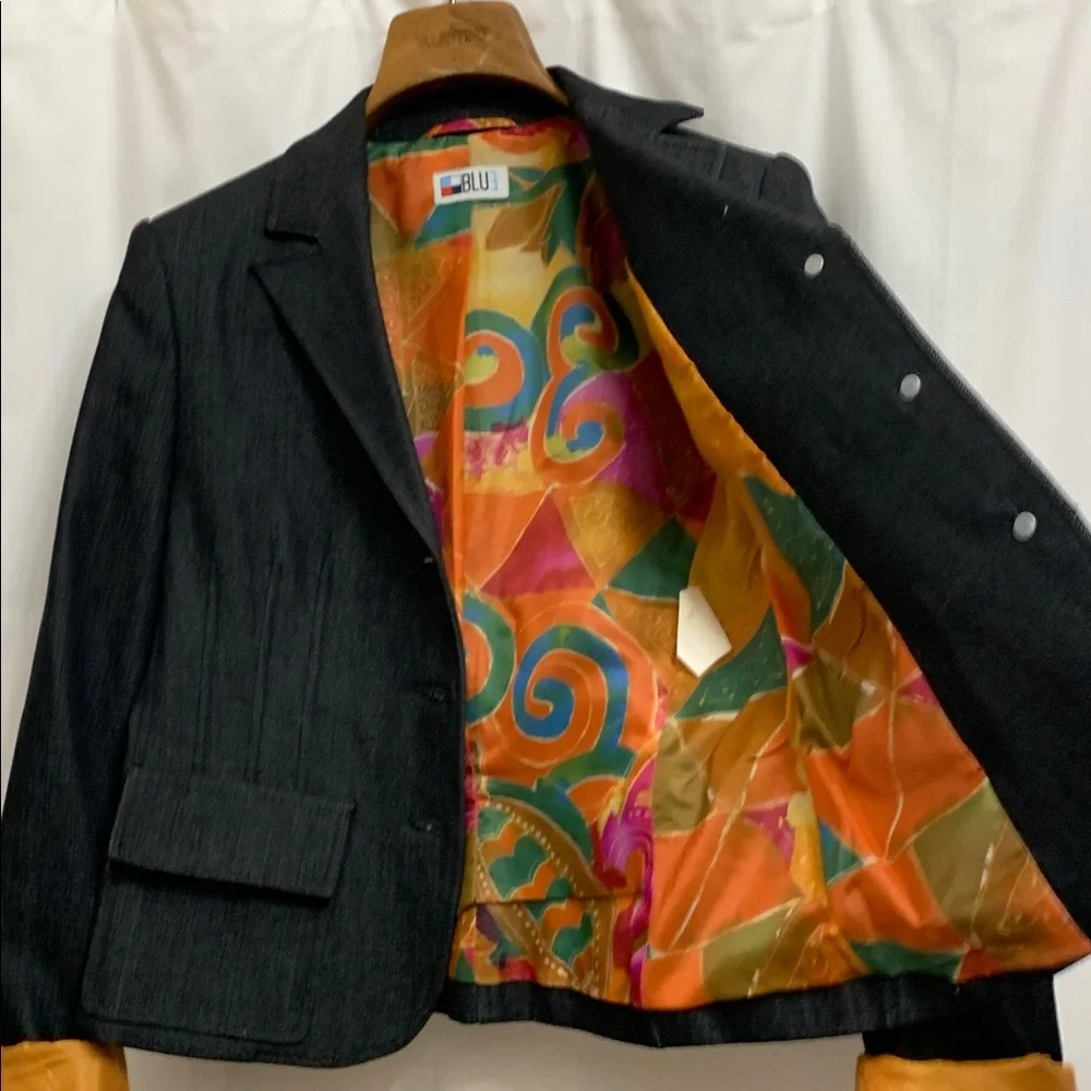 Vintage Black Denim Tailored Structured Blazer Jacket with Colorful Lining